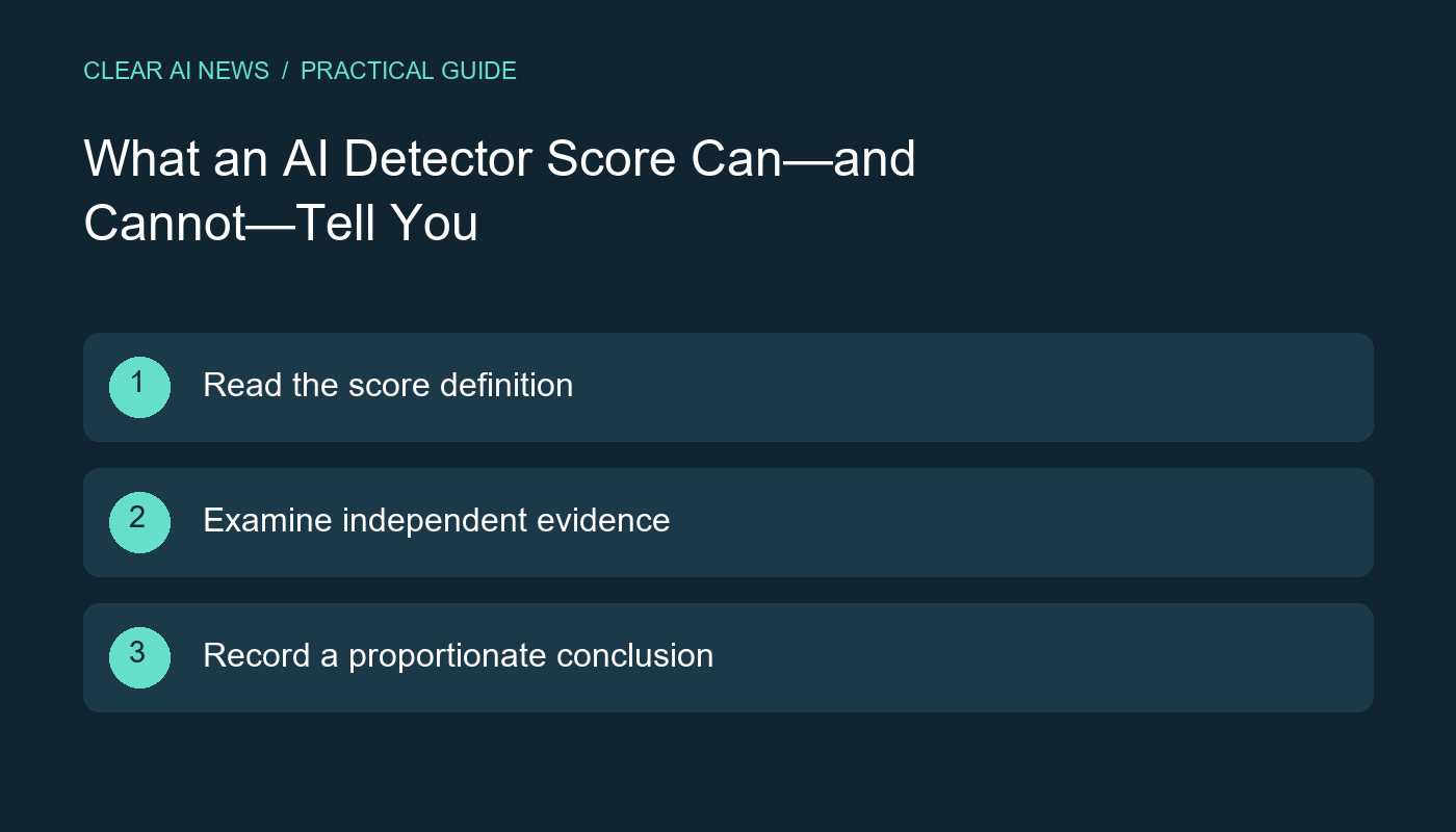 Three steps: Read the score definition; Examine independent evidence; Record a proportionate conclusion.