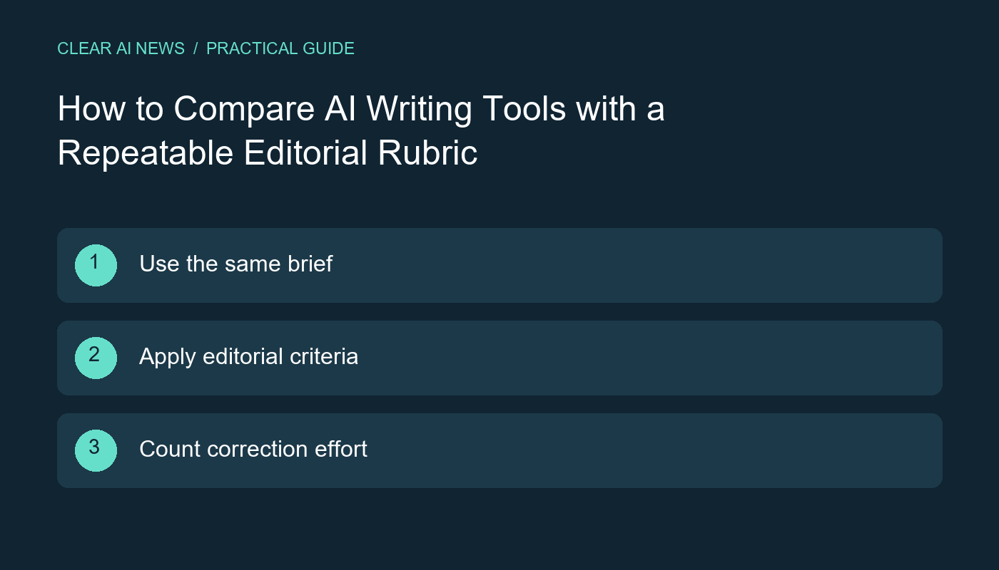 Three steps: Use the same brief; Apply editorial criteria; Count correction effort.