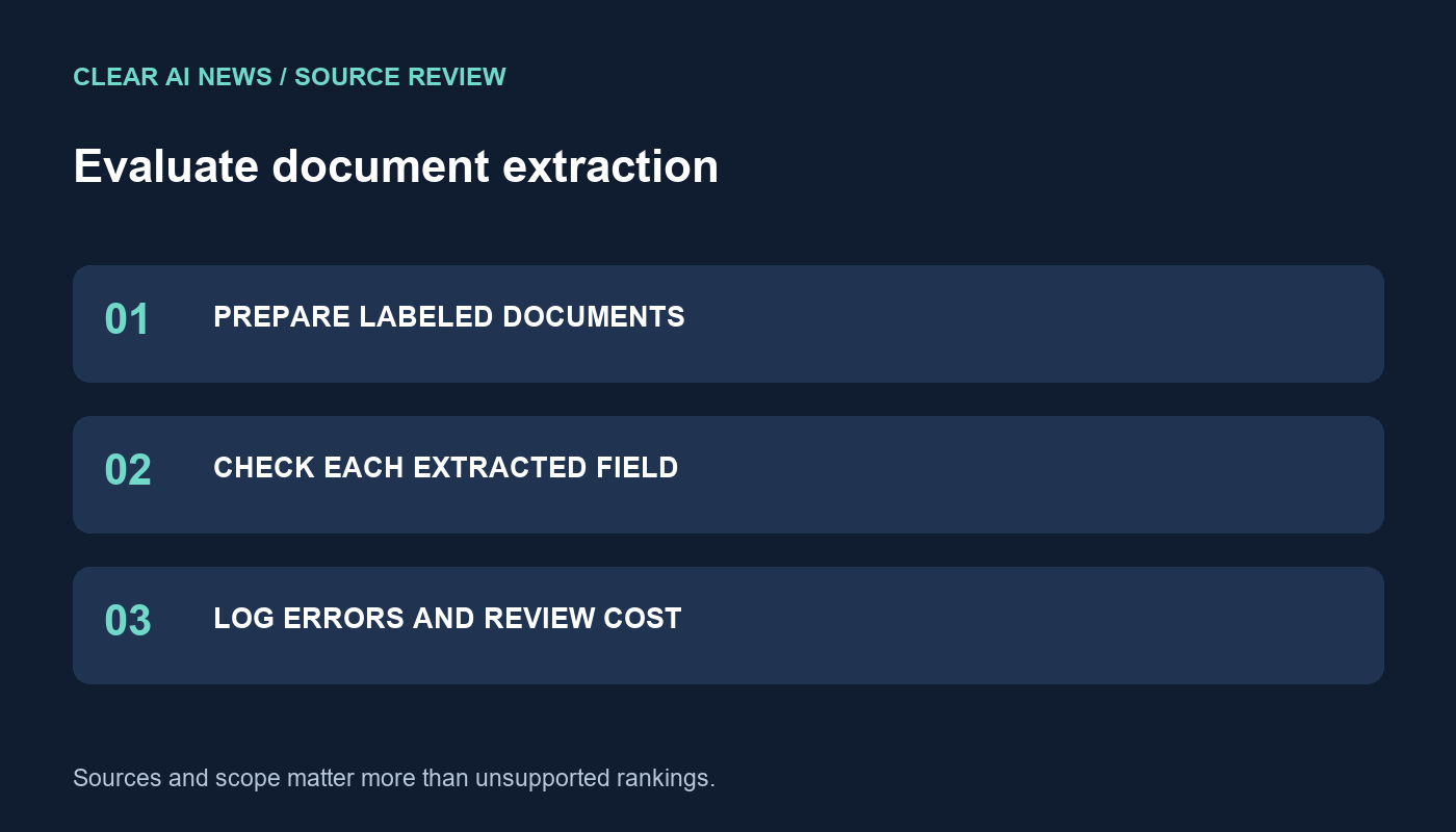 Three steps: prepare labeled documents, check each extracted field, log errors and review cost.